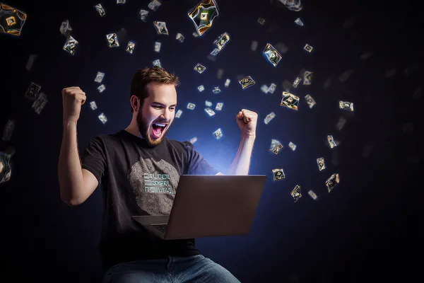 GOOD111 Games — Discover modern slots and table adventures A man celebrating a winning moment on his laptop while gaming symbols float around him, capturing the excitement of GOOD111 games.