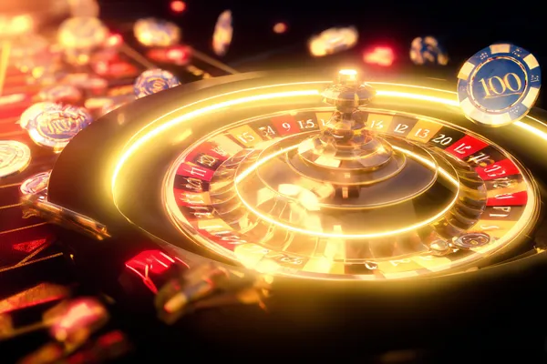 GOOD111 Live Games — Take part in high-energy casino action A glowing roulette wheel with cascading chips, symbolizing the engaging live and instant-win games available on GOOD111.