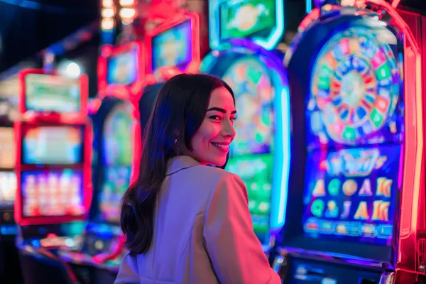 GOOD111 Slots — Thousands of thrilling machines await A woman smiling by bright slot machines showing lucky symbols, showcasing the exciting slot offerings at GOOD111.